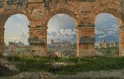 Christoffer Wilhelm Eckersberg View through three northwest arches of the Colosseum in Rome.Storm gathering over the city (mk09) oil on canvas